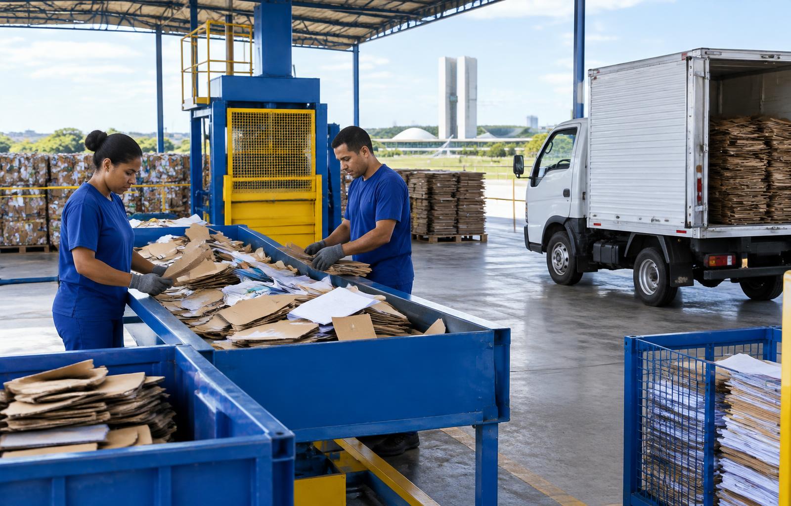 Imagem ilustrativa de profissionais organizando materiais recicláveis
