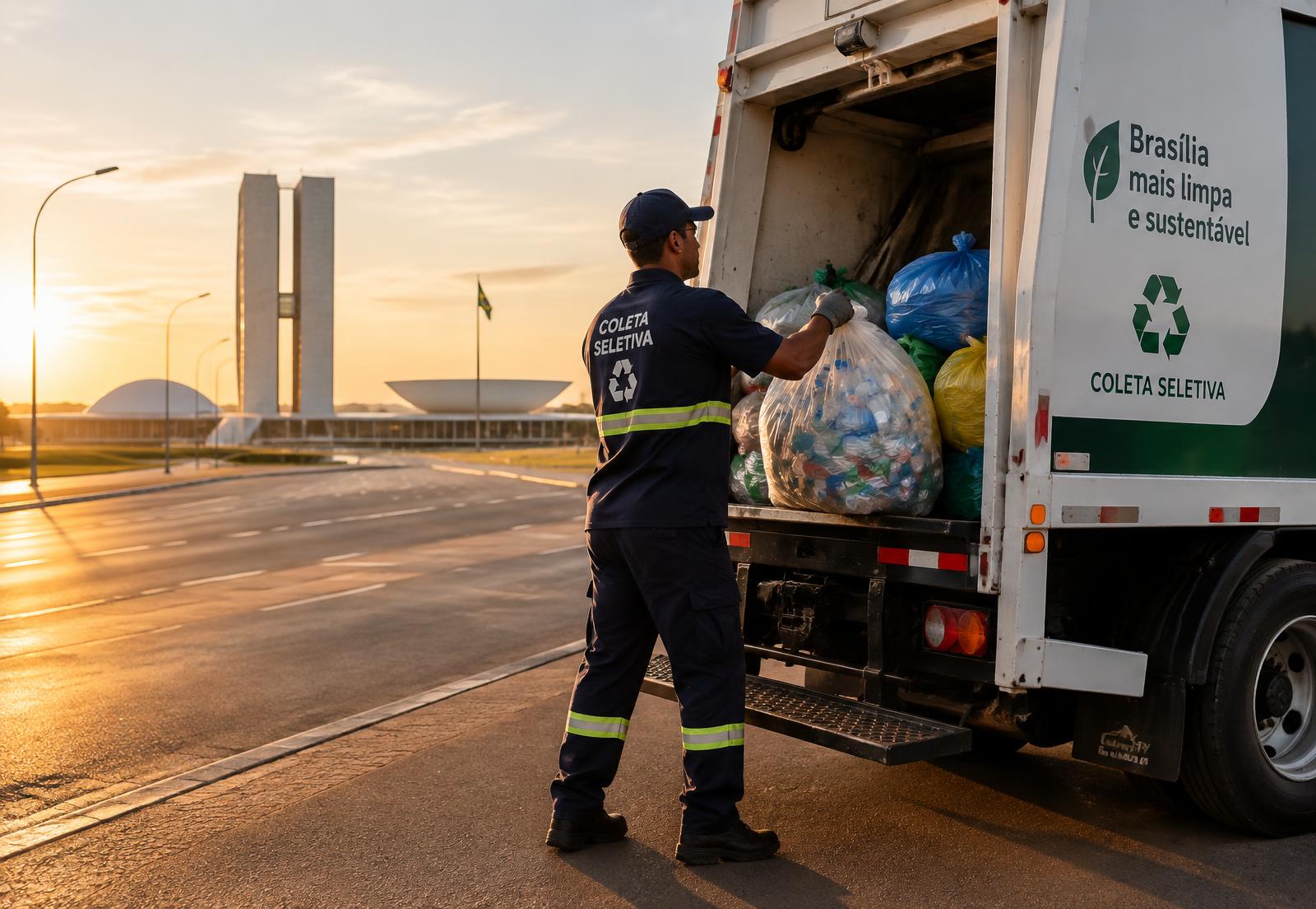 Profissional realizando coleta de resíduos em avenida de Brasília